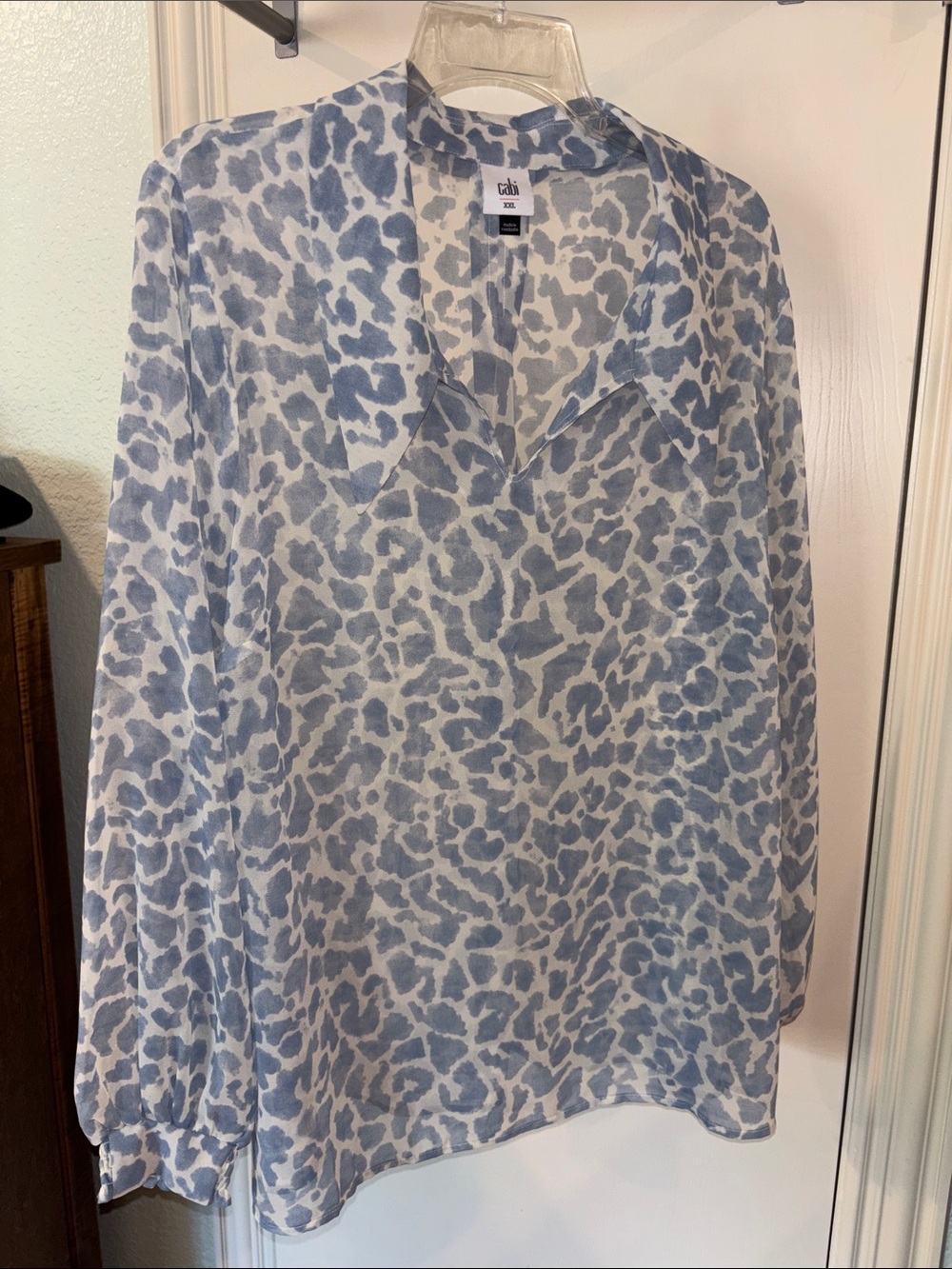 CAbi Pounce Top | Light Blue and White Leopard Print V-Neck Sheer Blouse